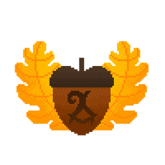 Anna Oakheart Logo A heart-shaped acorn with a stylistic "A" carved on it, and a couple of golden yellow oak leaves.